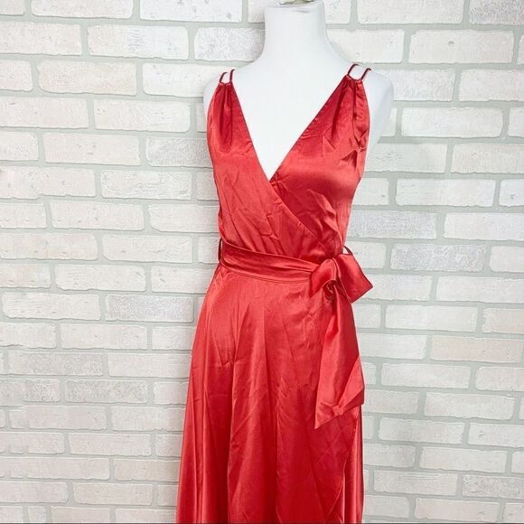 Vtg Handmade Red Satin Wrap Evening Dress Q25 - Picture 2 of 8